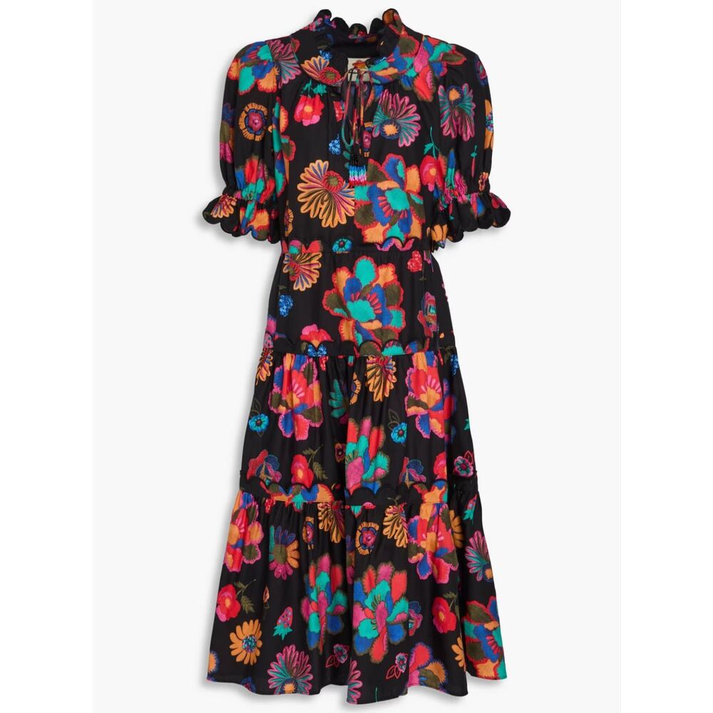 FARM RIO Lily's Garden Midi Dress Black Floral Multicolor Boho Chic Sz S NWOT